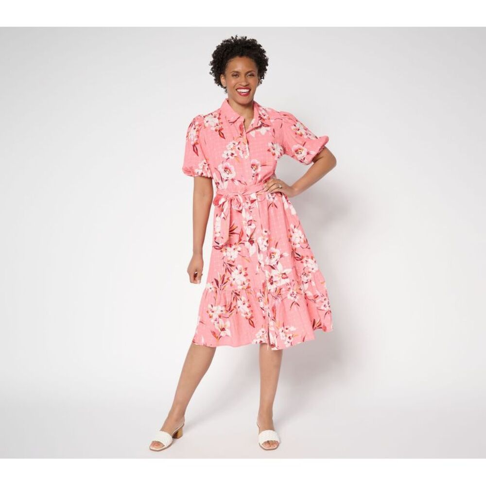 Truth + Style Women's Petite Dress PM Printed Textured Woven Button Pink A684108